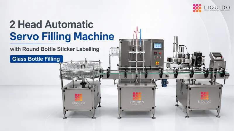 2 Head Automatic Servo Filling Machine with Round Bottle Sticker Labelling | Glass Bottle Filling